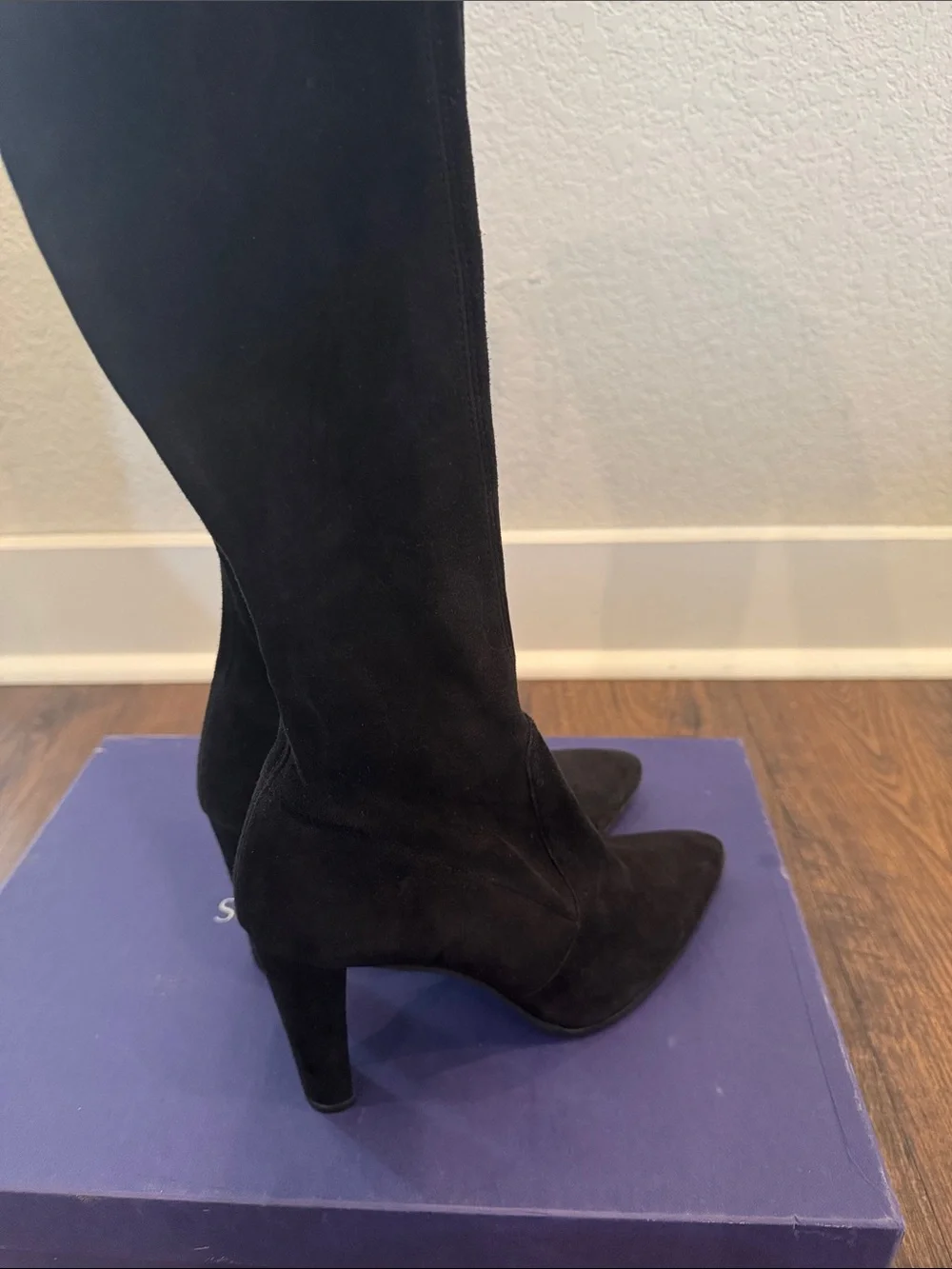 Stuart Weitzman Black Suede Over-the-Knee Heeled Boots